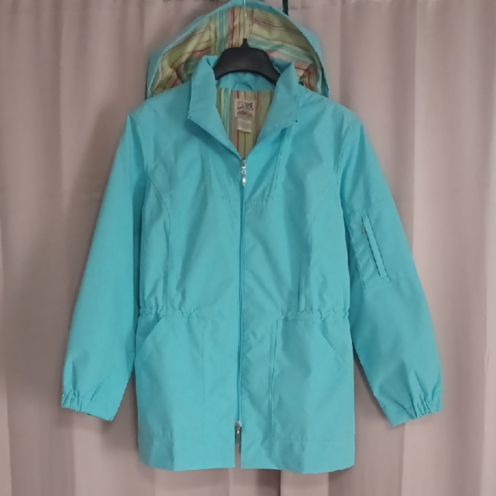 TravelSmith Light Teal Hooded Rain Jacket Striped Lining Pockets Like New Size S